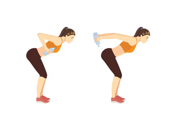 女人在做运动，弯腰趴在水瓶飞。使用轻型器材进行健身讲解。图片下载