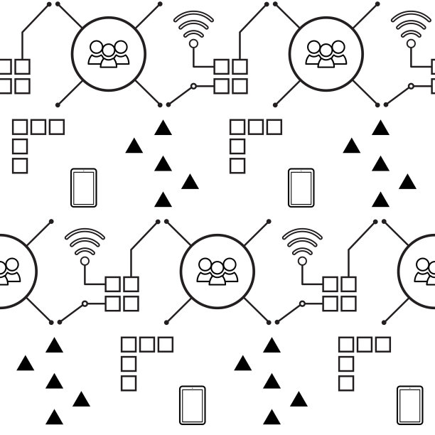 无缝模式，技术链条。人与人之间的沟通，全球网络互联，沟通，互动。正方形，三角形，箭头，圆形的几何图案。图片下载