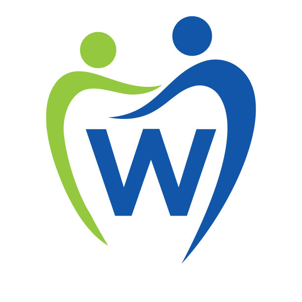 牙科诊所标志上的字母W概念。家庭牙科保健标志。牙科医生标志签名图片下载