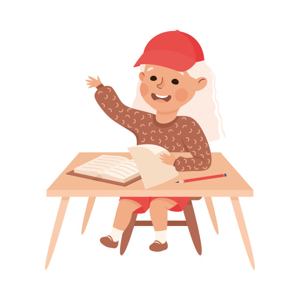 小女孩坐在桌子旁，拿着书，举起手，从事基础教育矢量插图图片下载