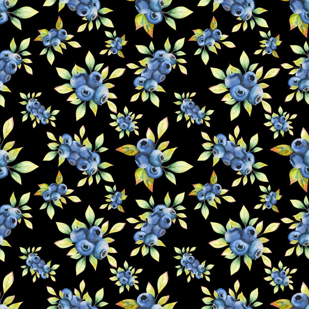 水彩无缝模式。设计在黑色的背景与蓝莓叶。贝瑞无缝设计。图片下载