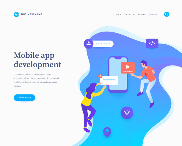 移动应用开发的概念，工作流飞行或悬浮的人，并与手机图标的互动。图片下载