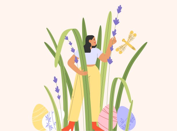 平面向量插图与女性角色庆祝复活节。概念复活节贺卡与五彩缤纷的春天贝克地。图片下载