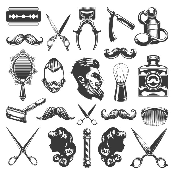理发和剃须供应矢量贴纸。男性和女性剪影侧面与老式剪刀和剃须刀。图片下载