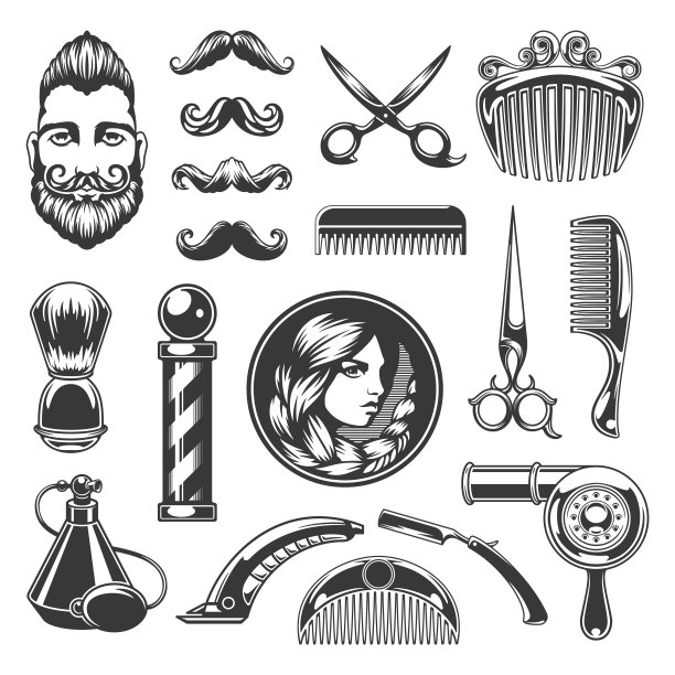 剃须和理发复古提供矢量标签。有型的复古男女脸，用旧剪刀和古董剃须刀。图片下载