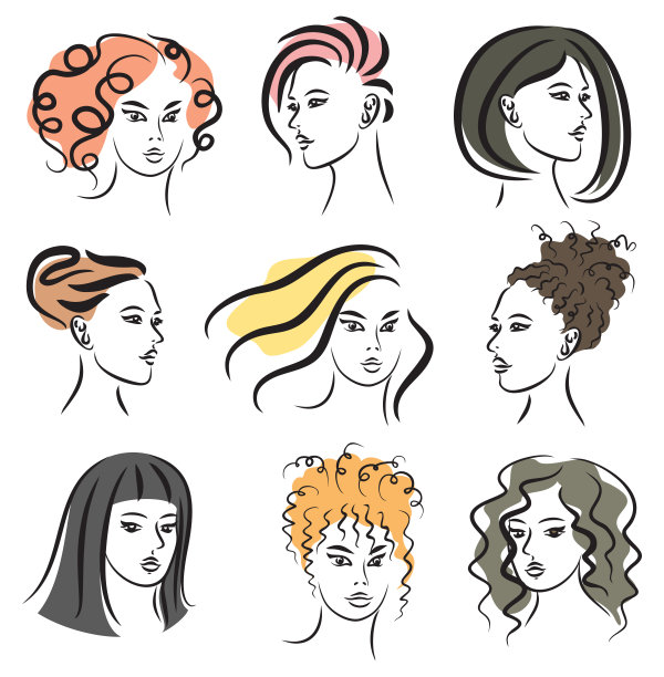 发型。9个不同发型的女人的图画。图片下载