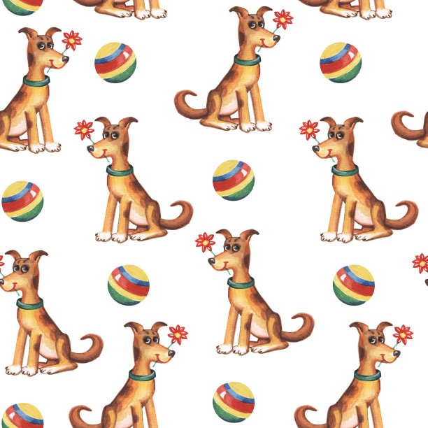 水彩无缝图案与一个可爱的狗和球在白色的背景。图片下载