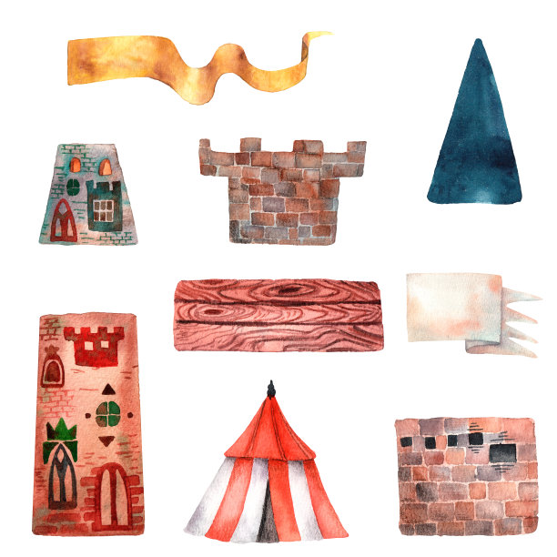 水彩欧洲建筑集。建筑建造城堡的建筑项目。可爱的屋顶、窗户和石头元素。穹顶、木质细节和建筑元素。Touiristic卡片。图片下载