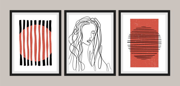 20世纪中期现代艺术版画，一套3件。画廊墙上的印刷艺术。波西米亚风格的室内装饰。图片下载