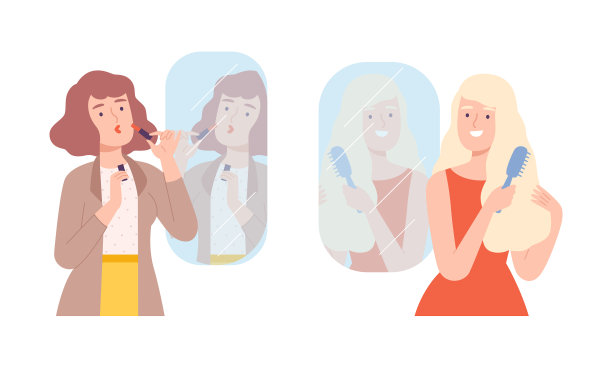 美丽的女人看着镜子集合愉快图片下载