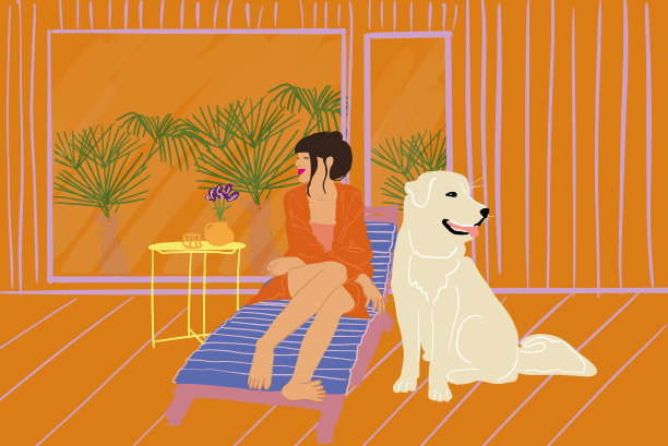 女人与宠物在乡间别墅享受大自然图片下载