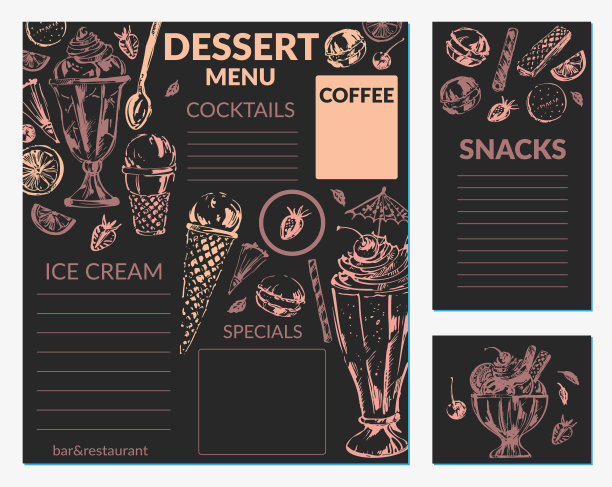 手绘甜点粉笔素描背景冰淇淋，鸡尾酒，奶昔，浆果图片下载