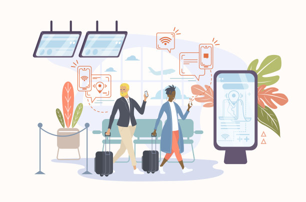 商人和女商人走在机场，拿着手提箱和智能手机。图片下载