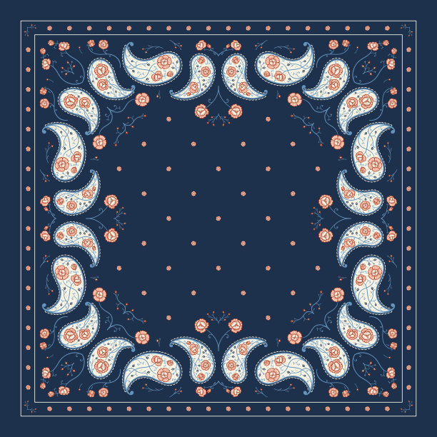 佩斯利大手帕打印。矢量花卉广场海军蓝装饰与程式化的牡丹花和小风铃草。复古东方丝质领巾，头巾或头巾设计图片下载