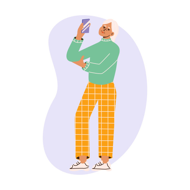 一位年长的女士在用手机拍东西。老年人平面矢量插图图片下载