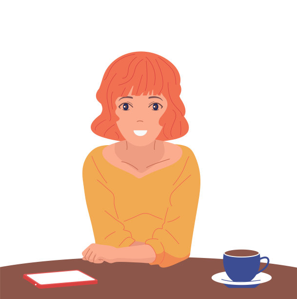 喝杯咖啡或茶的女孩。微笑带来好心情。矢量插图,孤立的背景图片下载