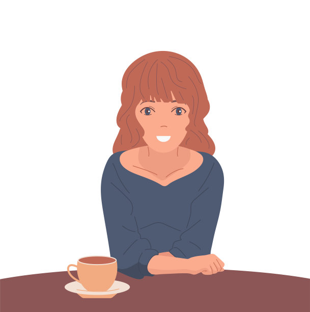 喝杯咖啡或茶的女孩。微笑带来好心情。矢量插图,孤立的背景图片下载