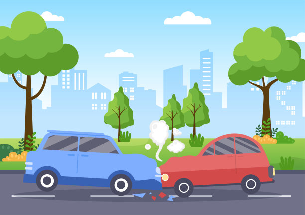 汽车事故背景插图与两辆汽车碰撞或撞击在道路上的东西造成损害在卡通平面风格图片下载