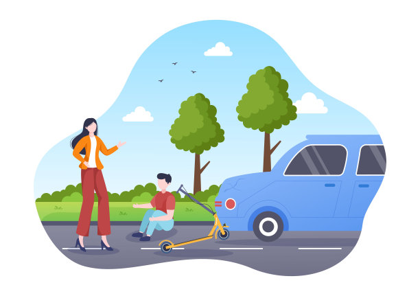 汽车事故背景插图与两辆汽车碰撞或撞击在道路上的东西造成损害在卡通平面风格图片下载