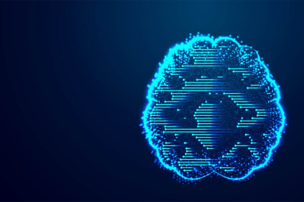 脑，数字技术概念，抽象低多边形，三角形，点，线，多边形。亮蓝色背景，矢量插图图片下载