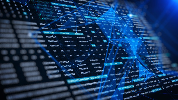 HUD数字数据采样模拟概念说明背景。蓝色三维丛通信线路编码信息系统传输方案设计。图片下载