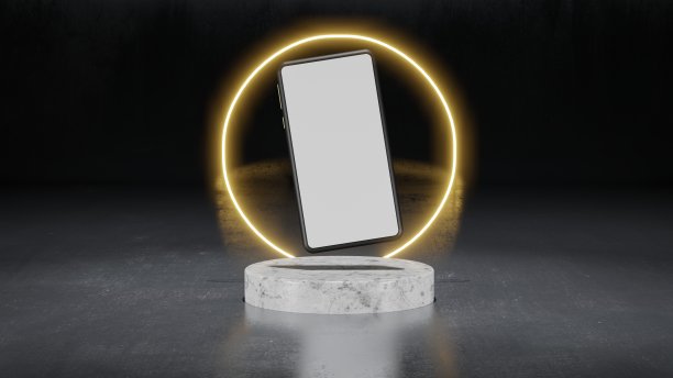 带有白色屏幕和大理石平台的现代智能手机。3d插图渲染。用于商业、市场、广告等。简单的可定制的图片下载