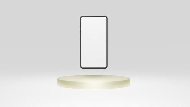 现代智能手机与白色屏幕在灰色背景与讲台金色。3d插图渲染。用于商业、市场、广告等图片下载