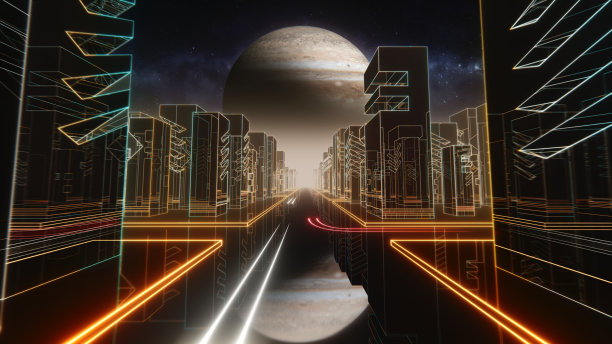 80年代Retrowave night city synwave VJ无缝循环霓虹灯，木星和星星。复古80年代风格的网格太阳星星旧电视屏幕动画背景。VJ复古数字城市。驶往木星，眺望远方城市的天际线。80年代的科幻小说。图片下载