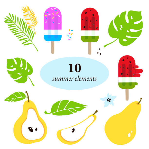 以夏季、热带、冰淇淋为主题的元素组合。黄色的梨和花序，绿色的叶子，西瓜冰淇淋和热带树叶。矢量插图隔离在白色背景上。植物印。图片下载