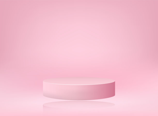 粉色圆形领奖台。在一个色彩柔和的房间里，一个圆柱形的基座在空中飞行。矢量插图。图片下载