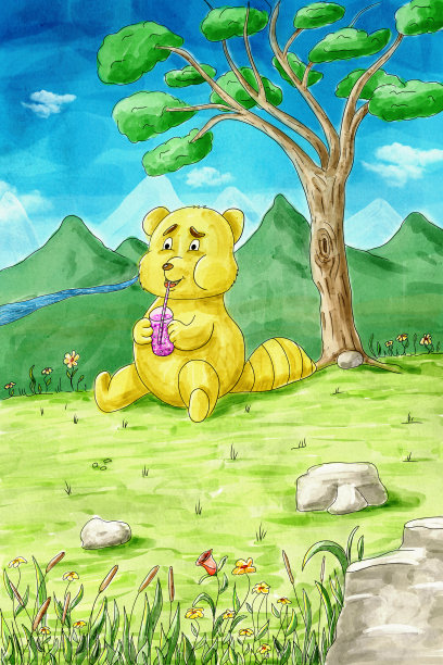 可爱的小熊坐在树下喝果汁，数字水彩自然场景插图图片下载