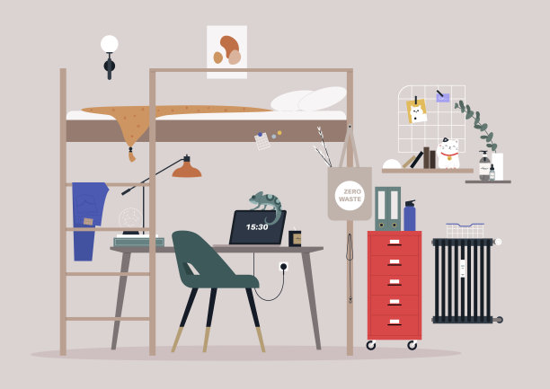 一个家庭办公室，里面有上下铺和其他家具，没有人图片下载