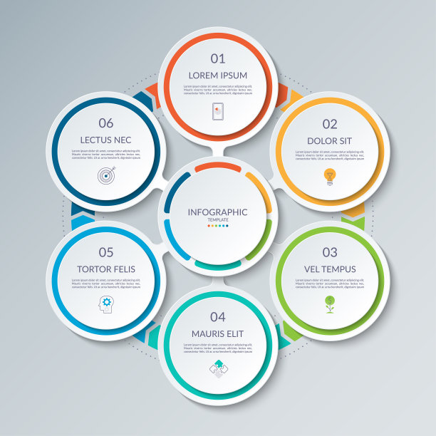 信息图圈与6个选项，部分。业务信息图的6步矢量模板。流程图表，周期图业务演示，报告，宣传册，网页，数据可视化。图片下载