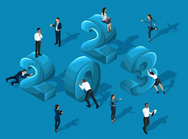 3D等距商务日历2023，商务人士推放数字，商人商务女士，优质插画为广告图片下载