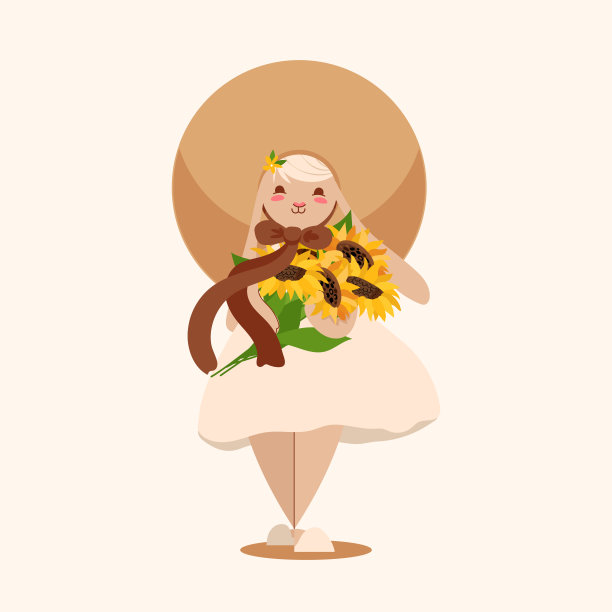 可爱的兔子与向日葵，孤立的米色背景。矢量风格的平面插图。动物夏日人物图片下载