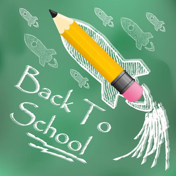 矢量设计模板返回学校。皱巴巴的纸，学校用品图标红色锋利的木铅笔和“回到学校”的文字。图片下载