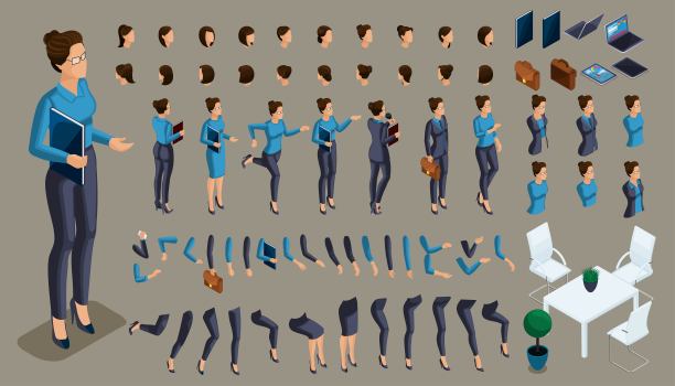 创建你自己的等长办公室职员。3D商务女士。创建人走来走去或坐矢量插图图片下载