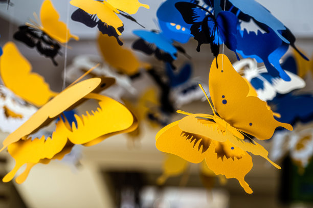 天花板装饰彩纸蝴蝶装饰，选择性聚焦，模糊背景图片下载