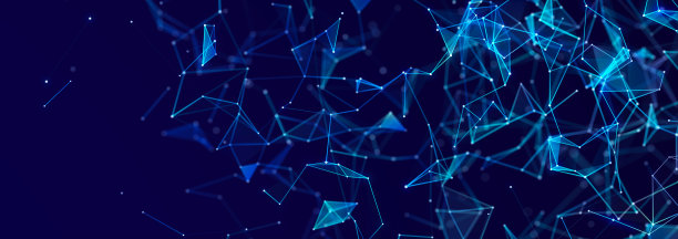 连接线和点的结构。黑色背景上的线框多边形元素。科学和技术。3 d图片下载