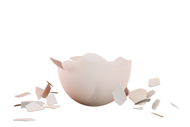 破碎的鸡蛋碎片，3d渲染。打裂的鸡蛋，孤立在白色的背景上。图片下载