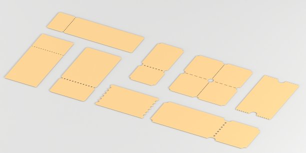 3D套空白复古票，优惠券或优惠券皱褶边，角度视图。模拟旧的棕色电影票，音乐会，马戏团或节日，孤立的灰色背景，3D渲染图片下载