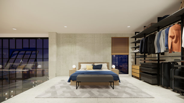 3D渲染：现代开放式客厅室内设计，阁楼风格公寓舒适客厅，沙发和用餐区图片下载