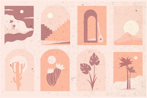 集现代极简艺术版画、平面几何建筑、景观、植物元素于一体图片下载