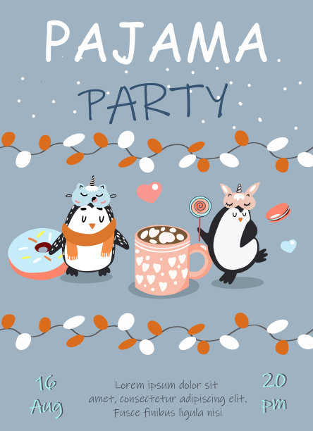 睡衣派对邀请向量模板，冬季主题，花环，两个有趣的企鹅在睡眠面具，大玻璃与可可，棒棒糖，马卡龙，大甜甜圈，孩子的生日。图片下载