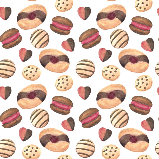 甜美的无缝图案，用水彩画出不同种类的饼干图片下载