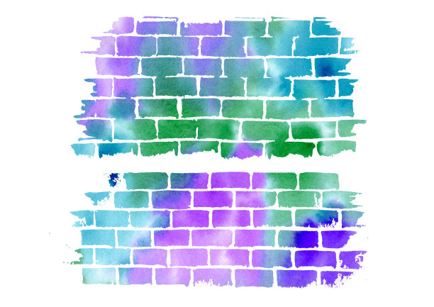 水彩彩色砖墙纹理上的白色背景。紫色，绿色，绿松石，蓝色和绿色水彩渐变砖图片下载