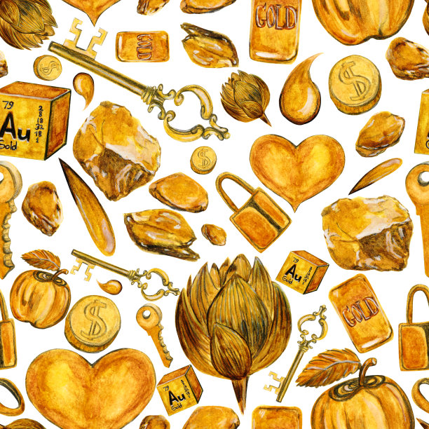 水彩图案与金色的符号和装饰在白色背景为您的设计图片下载