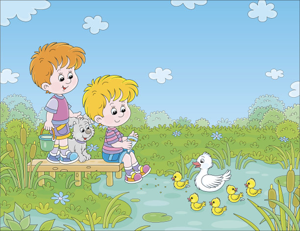 小男孩和小狗崽喂小鸭子图片下载