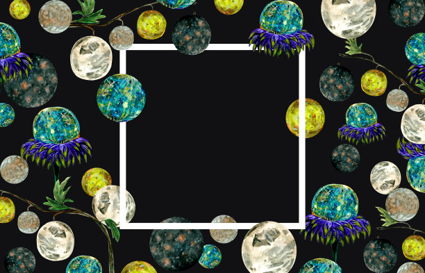 水彩模板与行星水星和木星的幻想卫星在黑暗的背景为您的空间设计图片下载