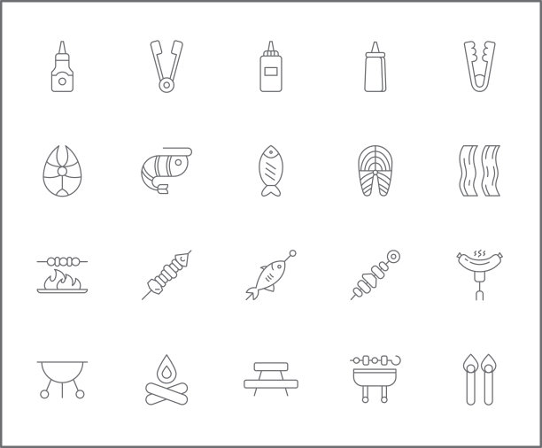 集烧烤和烧烤图标线风格。图片下载